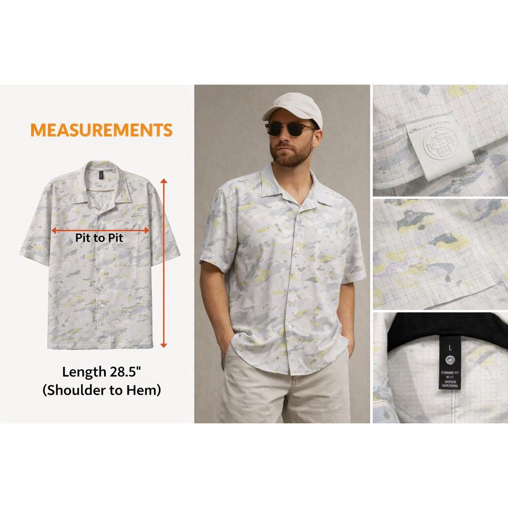 Lululemon‎ Large Mns Abstract Print Button Shirt Easy Resort Coastal Resort Camp
